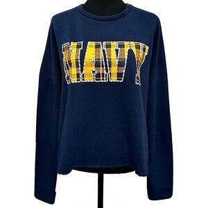 PINK Victoria’s Secret Studded Plaid NAVY Cropped Crewneck Sweatshirt Size L